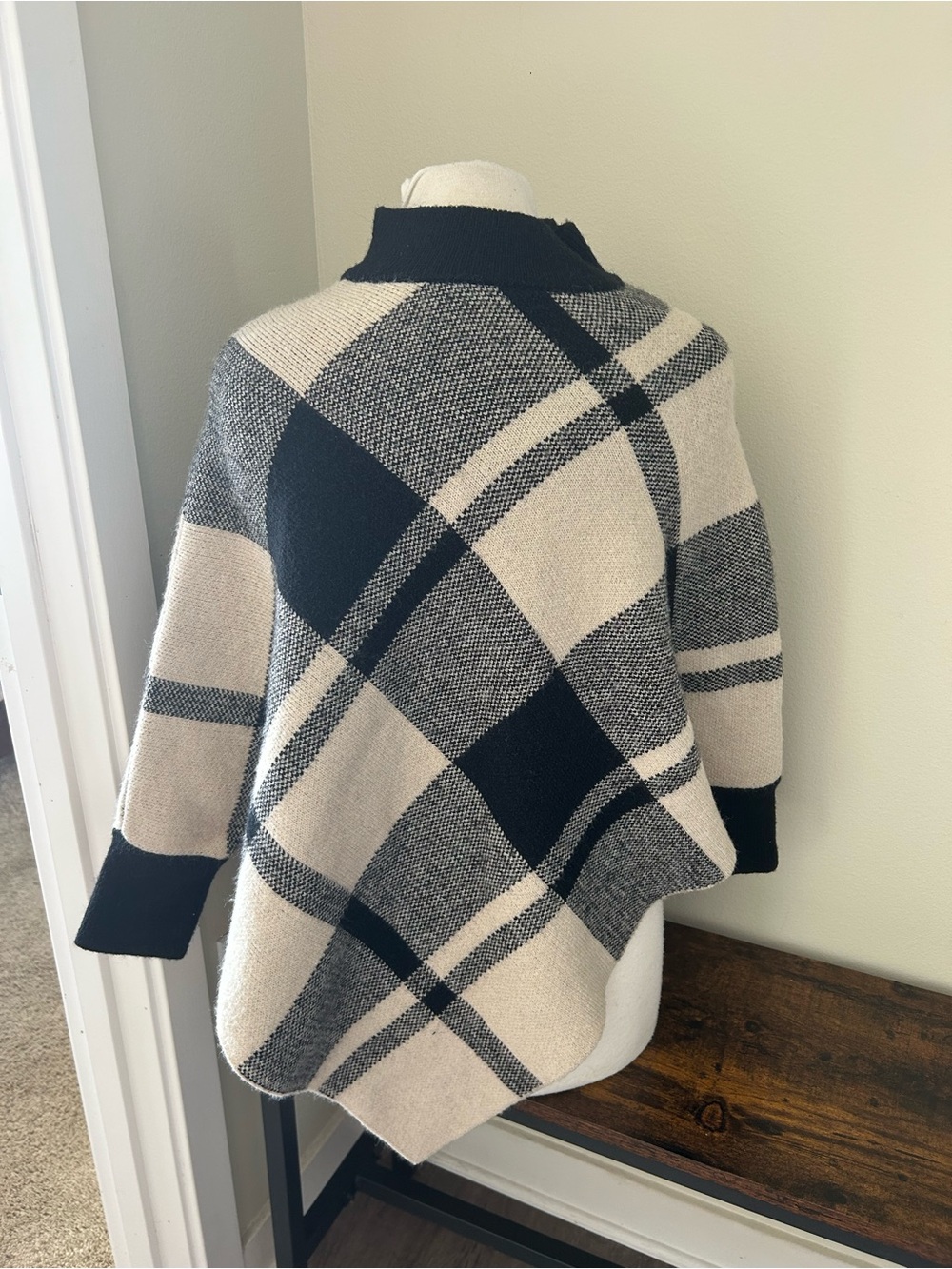 Cozy Black & Cream Plaid Poncho Sweater